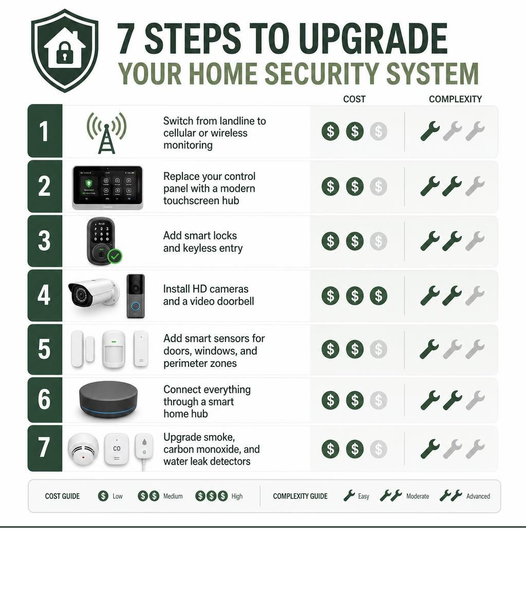 7 steps to upgrade a home security system with cost and complexity ratings infographic