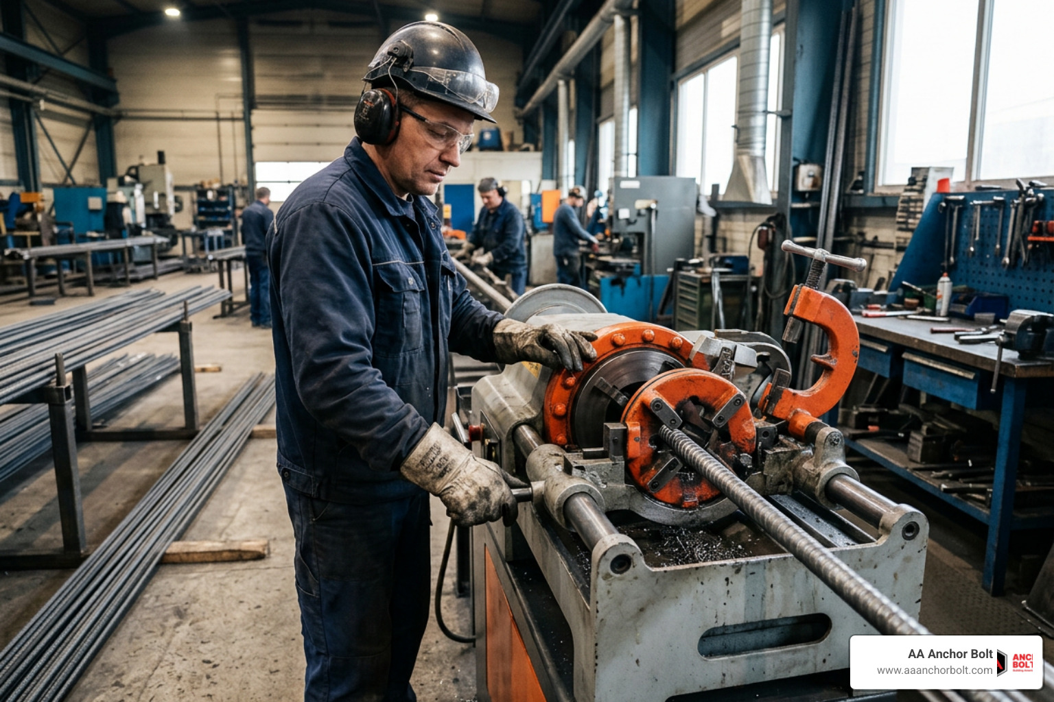 worker operating a rebar threading machine with safety gear worker operating a rebar threading machine with safety gear