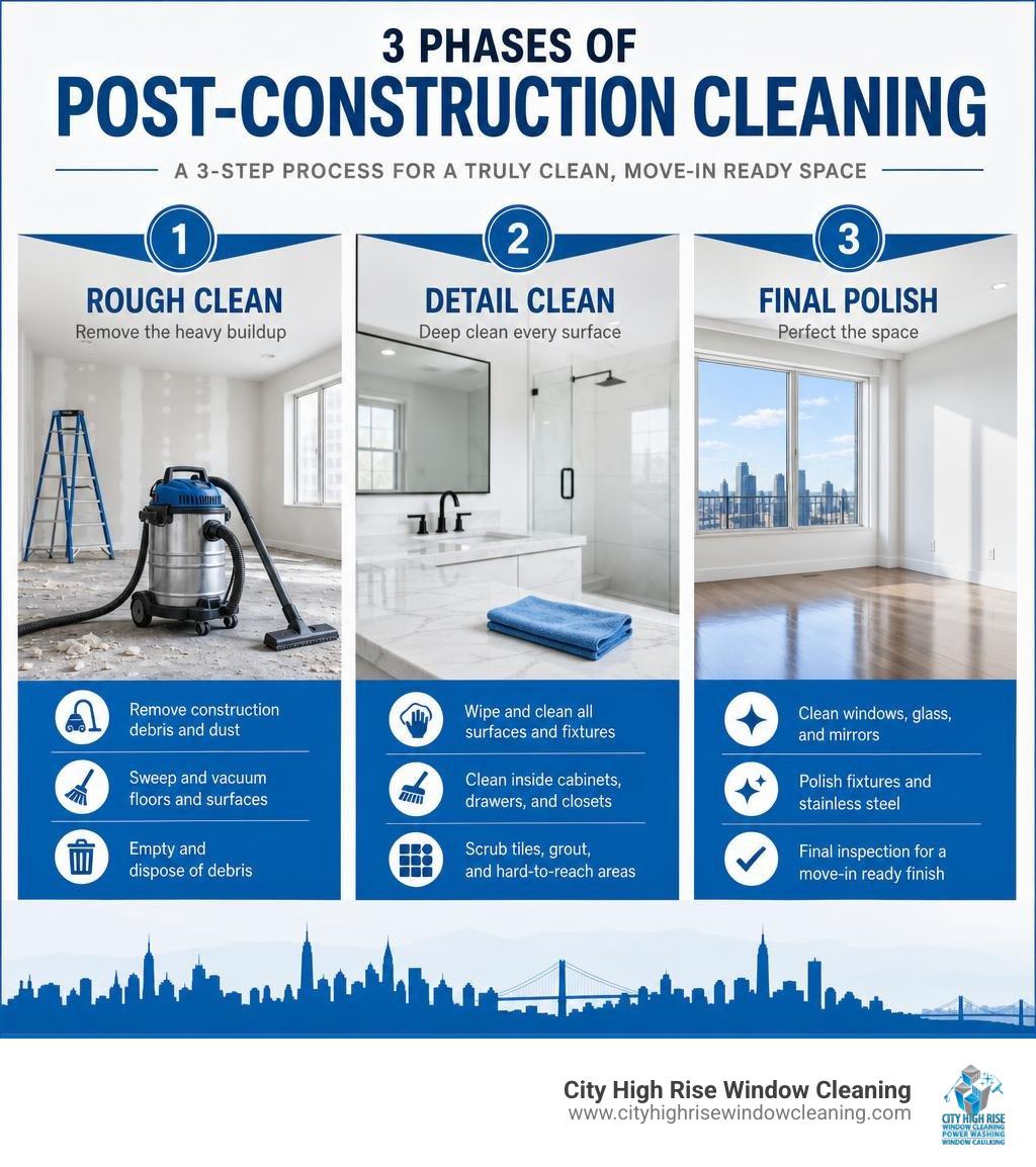 3 phases of post-construction cleaning: Rough Clean, Detail Clean, and Final Polish with key tasks listed infographic 3 phases of post-construction cleaning: Rough Clean, Detail Clean, and Final Polish with key tasks listed infographic
