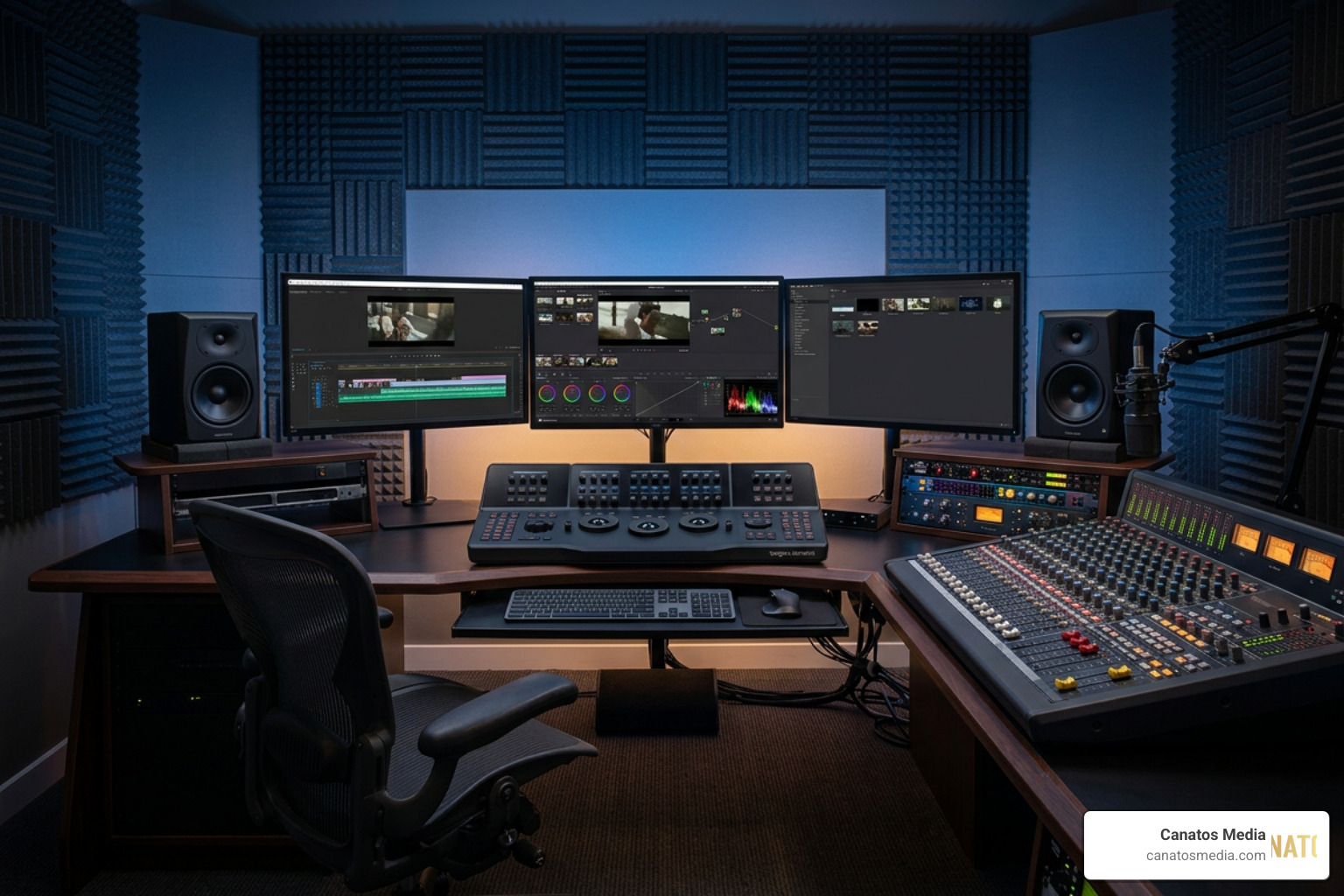 A professional post-production editing suite with color grading monitors and audio mixing boards