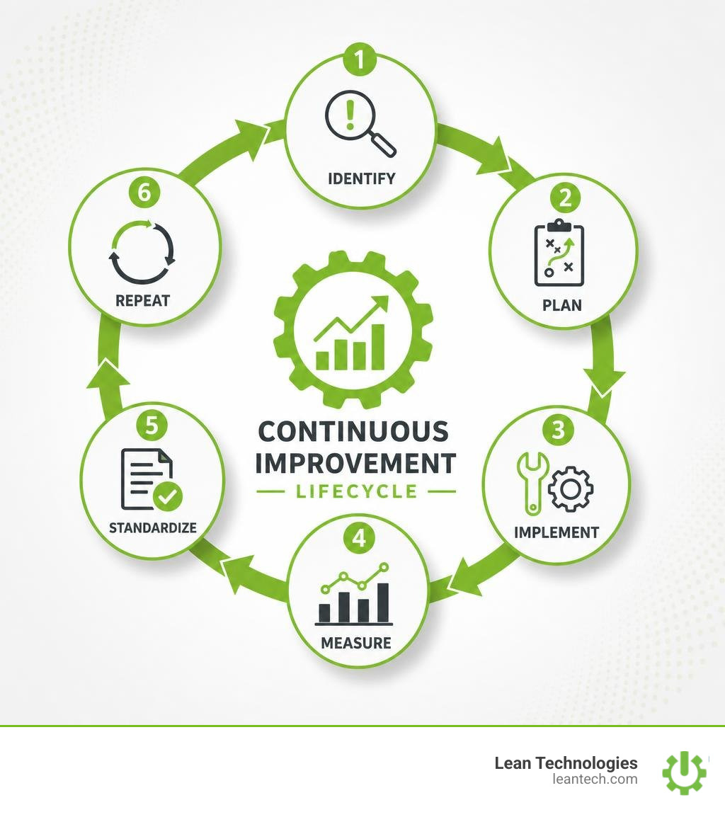 Continuous improvement lifecycle: Identify, Plan, Implement, Measure, Standardize, Repeat infographic Continuous improvement lifecycle: Identify, Plan, Implement, Measure, Standardize, Repeat infographic