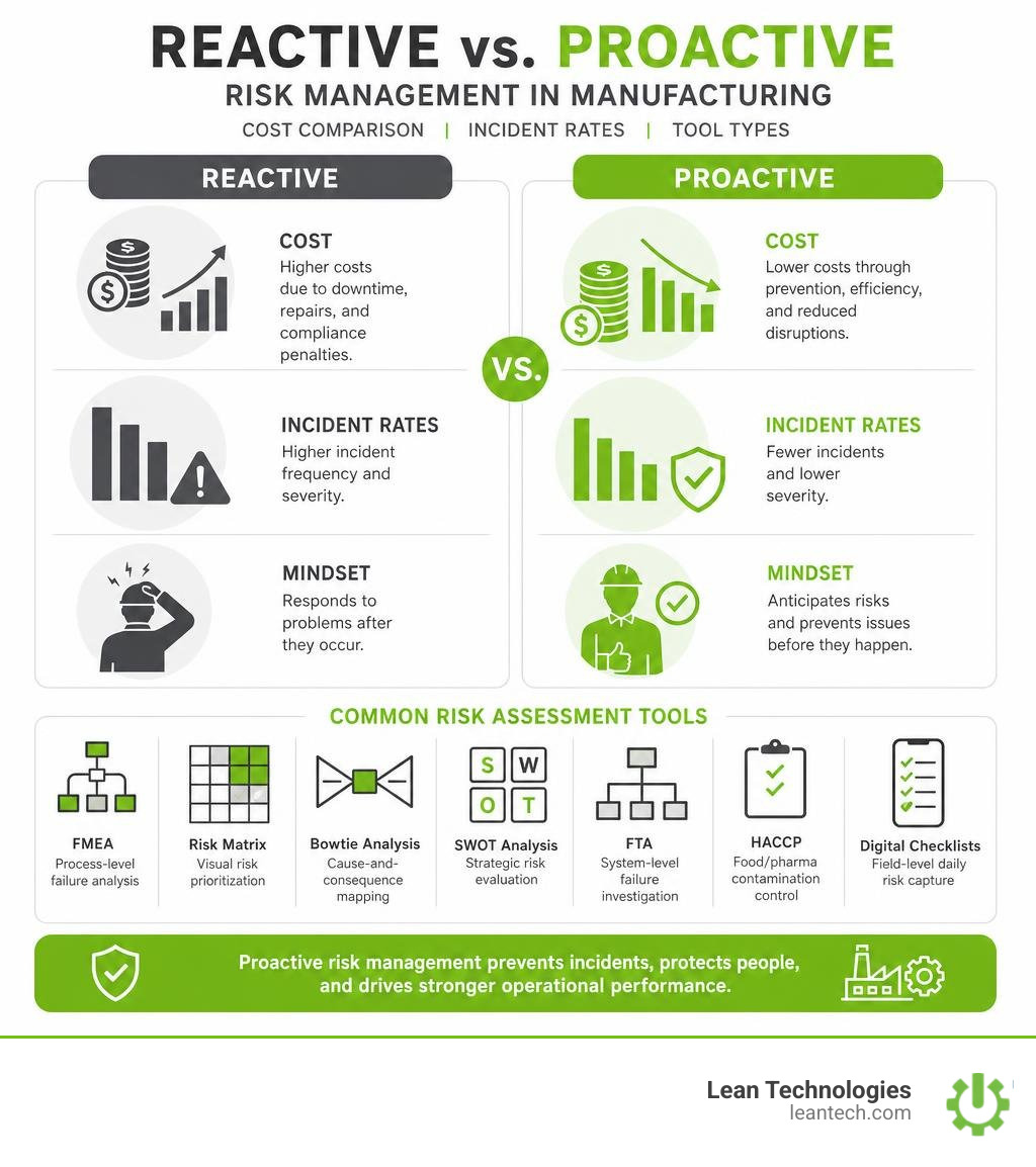 Reactive vs. proactive risk management: cost comparison, incident rates, and tool types for manufacturers infographic Reactive vs. proactive risk management: cost comparison, incident rates, and tool types for manufacturers infographic