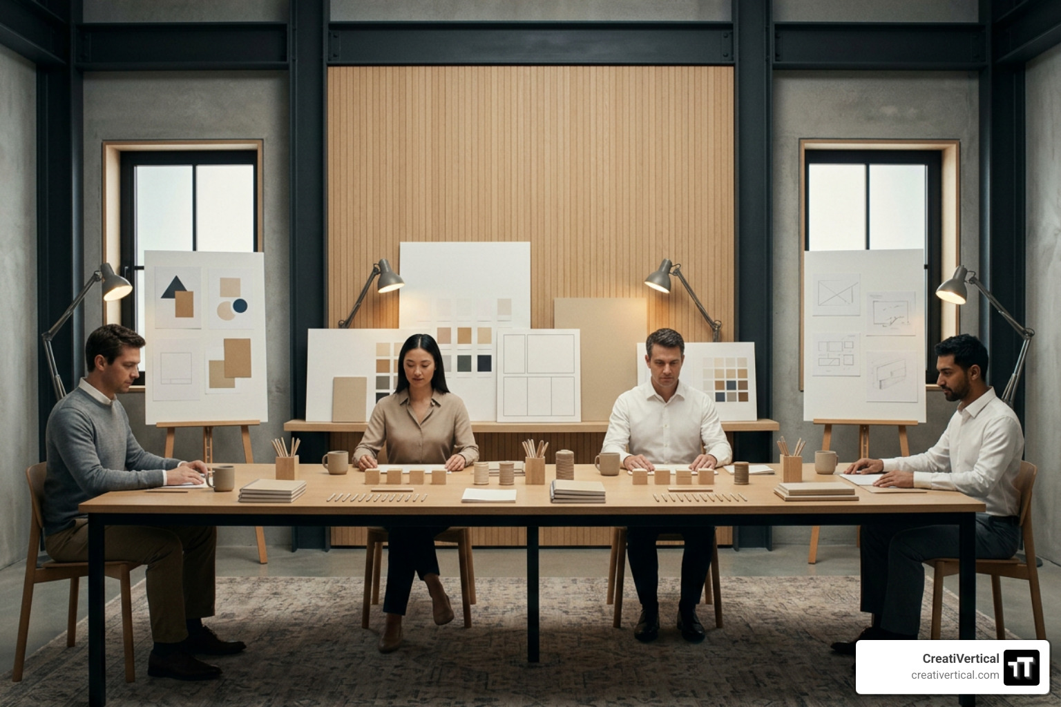A collaborative meeting room where designers and business leaders are reviewing brand concepts and strategy boards together