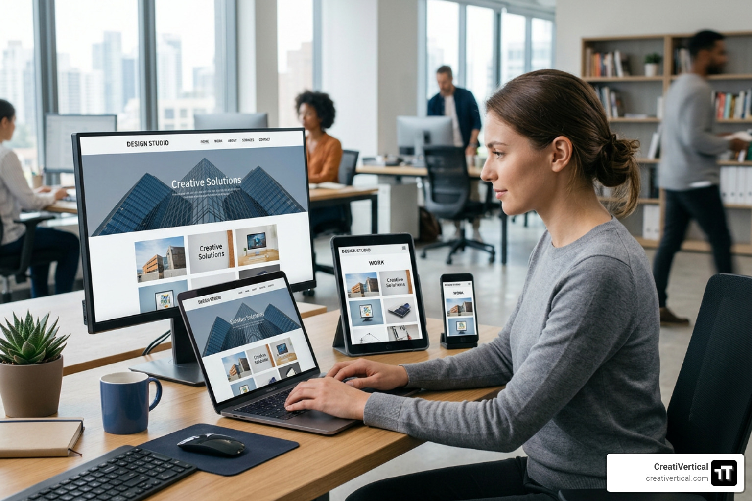 A modern workspace showing a responsive website design displaying consistent brand assets across a desktop monitor, tablet