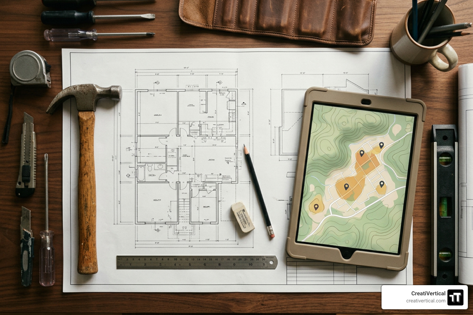 An artistic, symmetrical representation of a local business workspace in Kansas City, featuring blueprints, tools, and a laptop