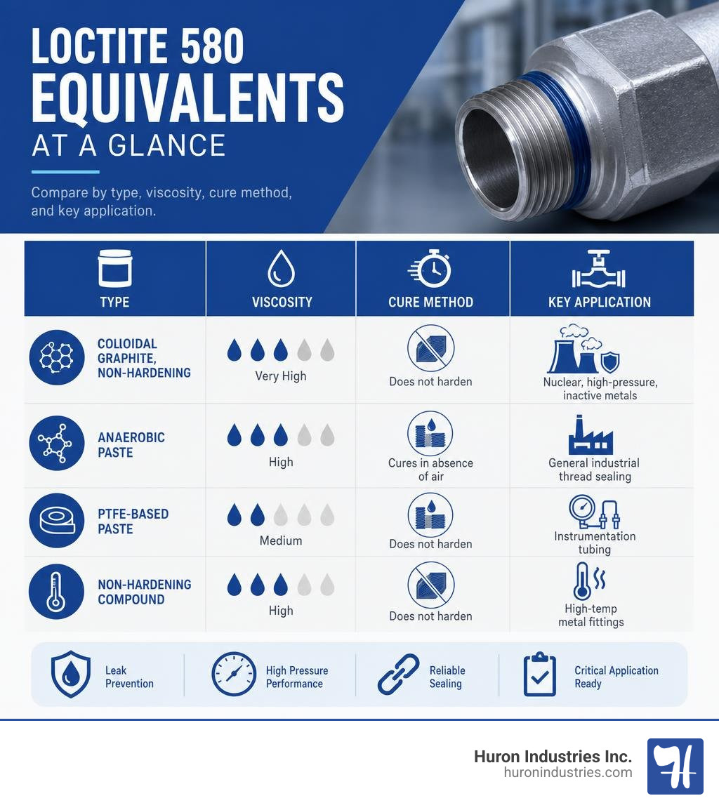 Infographic comparing Loctite 580 equivalents by type, viscosity, cure method, and key application infographic Infographic comparing Loctite 580 equivalents by type, viscosity, cure method, and key application infographic