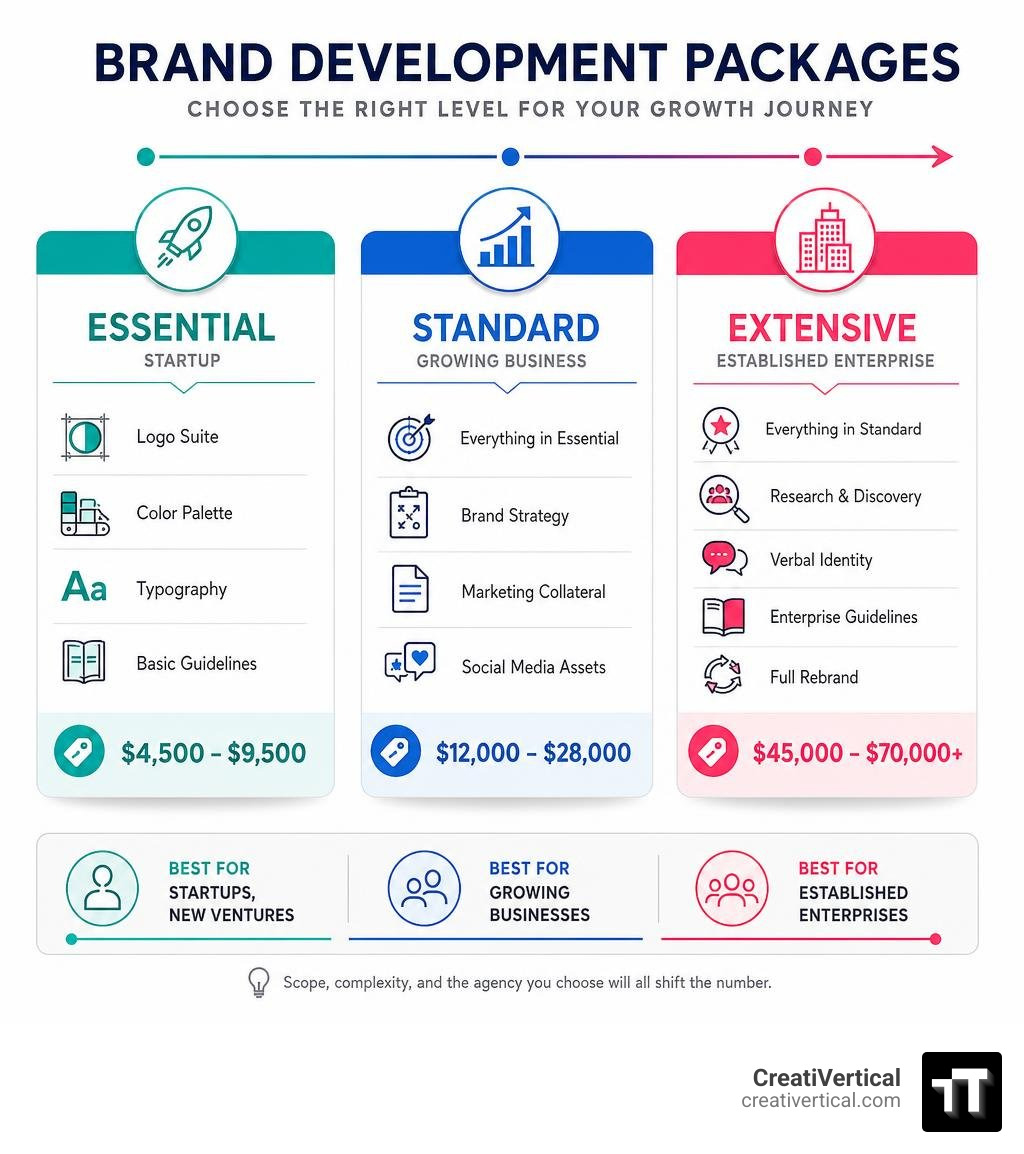 Infographic showing brand development package tiers from essential startup to extensive enterprise with key deliverables and