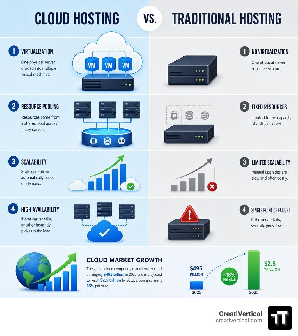 cloud hosting vs traditional hosting infographic showing virtualization resource pooling scalability and market growth cloud hosting vs traditional hosting infographic showing virtualization resource pooling scalability and market growth