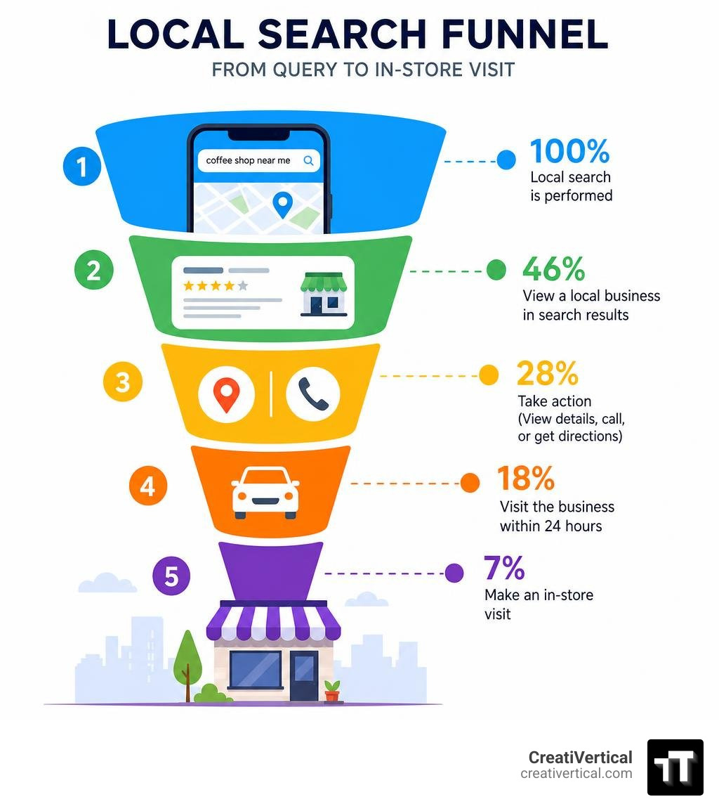 Local search funnel from query to in-store visit with conversion stats at each stage infographic