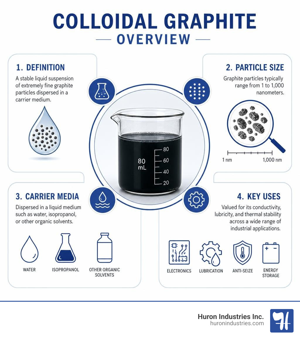 Colloidal graphite overview infographic: definition, particle size, carrier media, and key uses infographic Colloidal graphite overview infographic: definition, particle size, carrier media, and key uses infographic