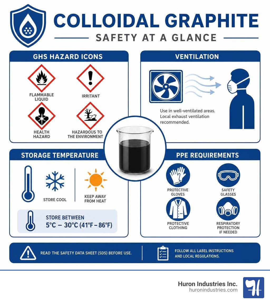 Colloidal graphite safety infographic: GHS icons, ventilation, storage temperature, and PPE requirements infographic Colloidal graphite safety infographic: GHS icons, ventilation, storage temperature, and PPE requirements infographic