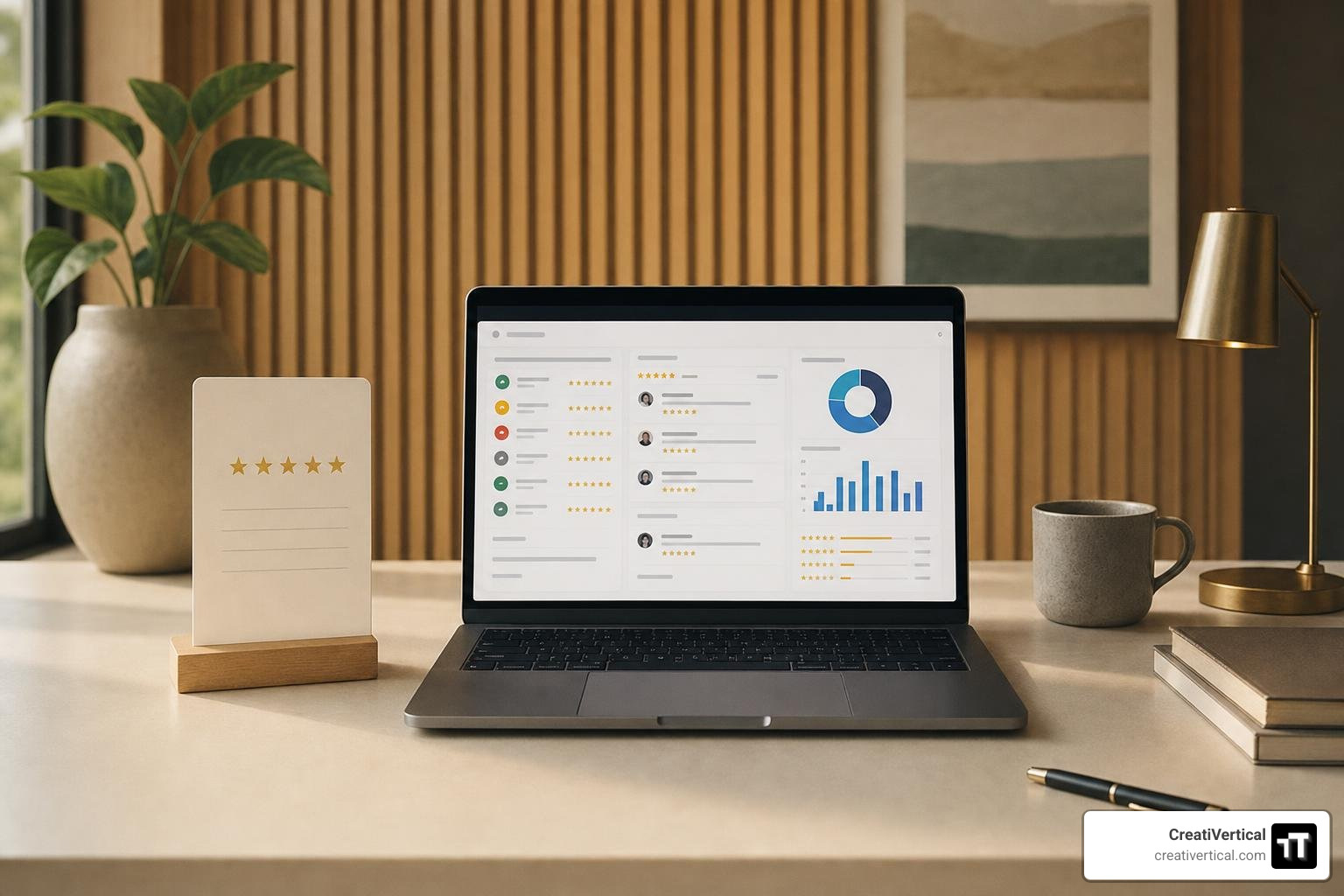 An elegant workspace showing a laptop displaying local review management software alongside a physical feedback card