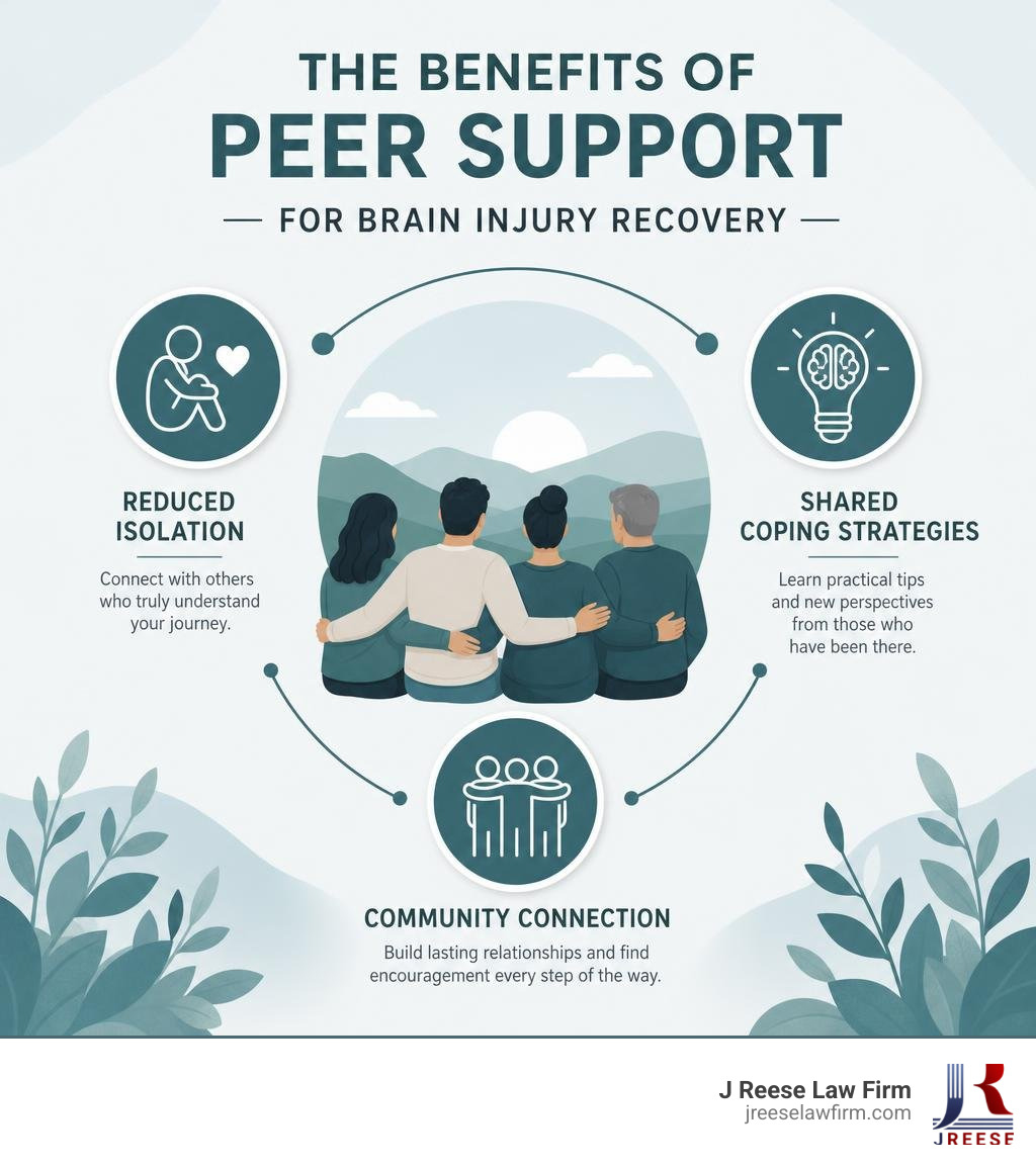 Benefits of peer support for brain injury recovery including reduced isolation, shared coping strategies, and community
