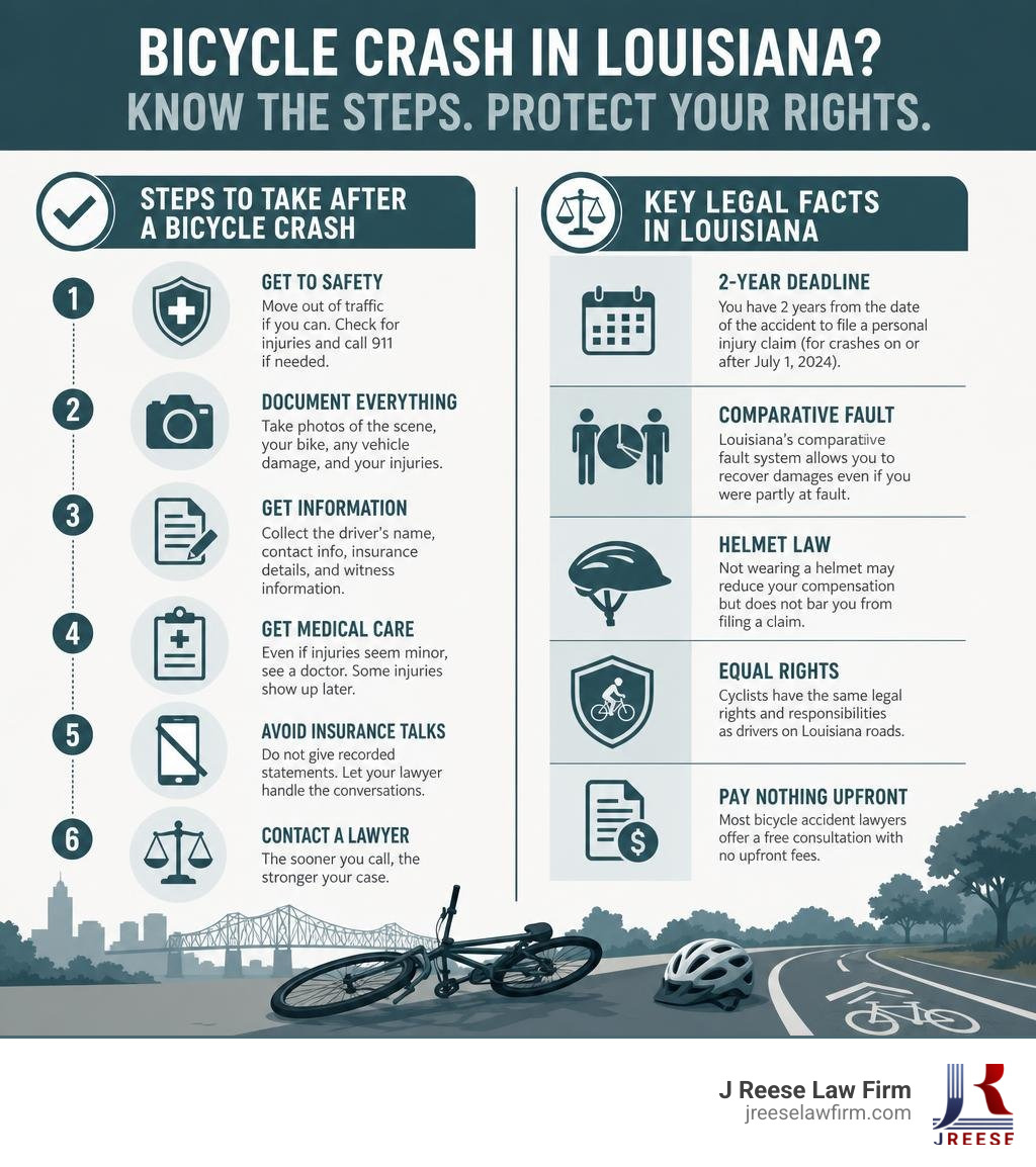 Steps to take after a bicycle crash in Louisiana and key legal facts infographic infographic