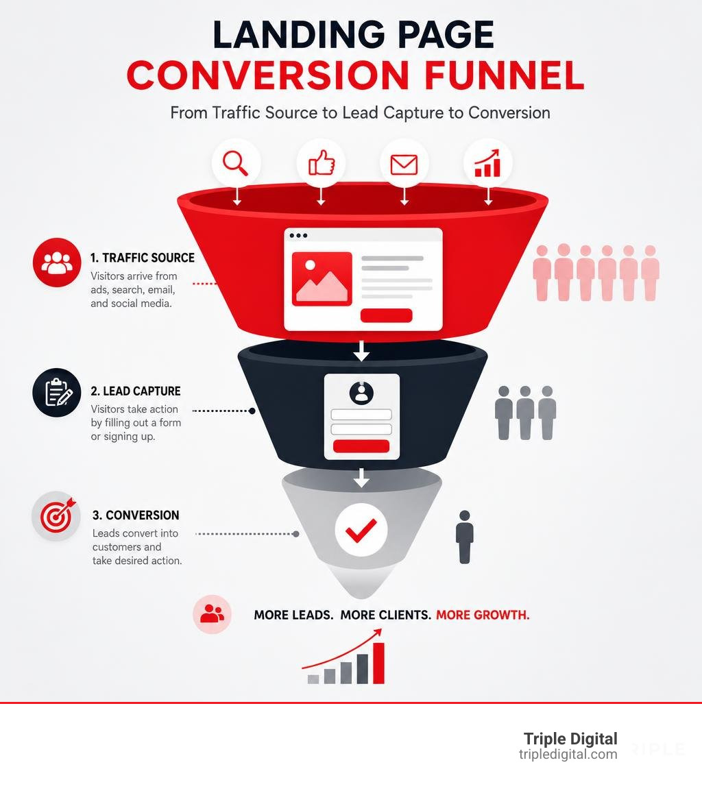 Landing page conversion funnel from traffic source to lead capture to conversion infographic Landing page conversion funnel from traffic source to lead capture to conversion infographic