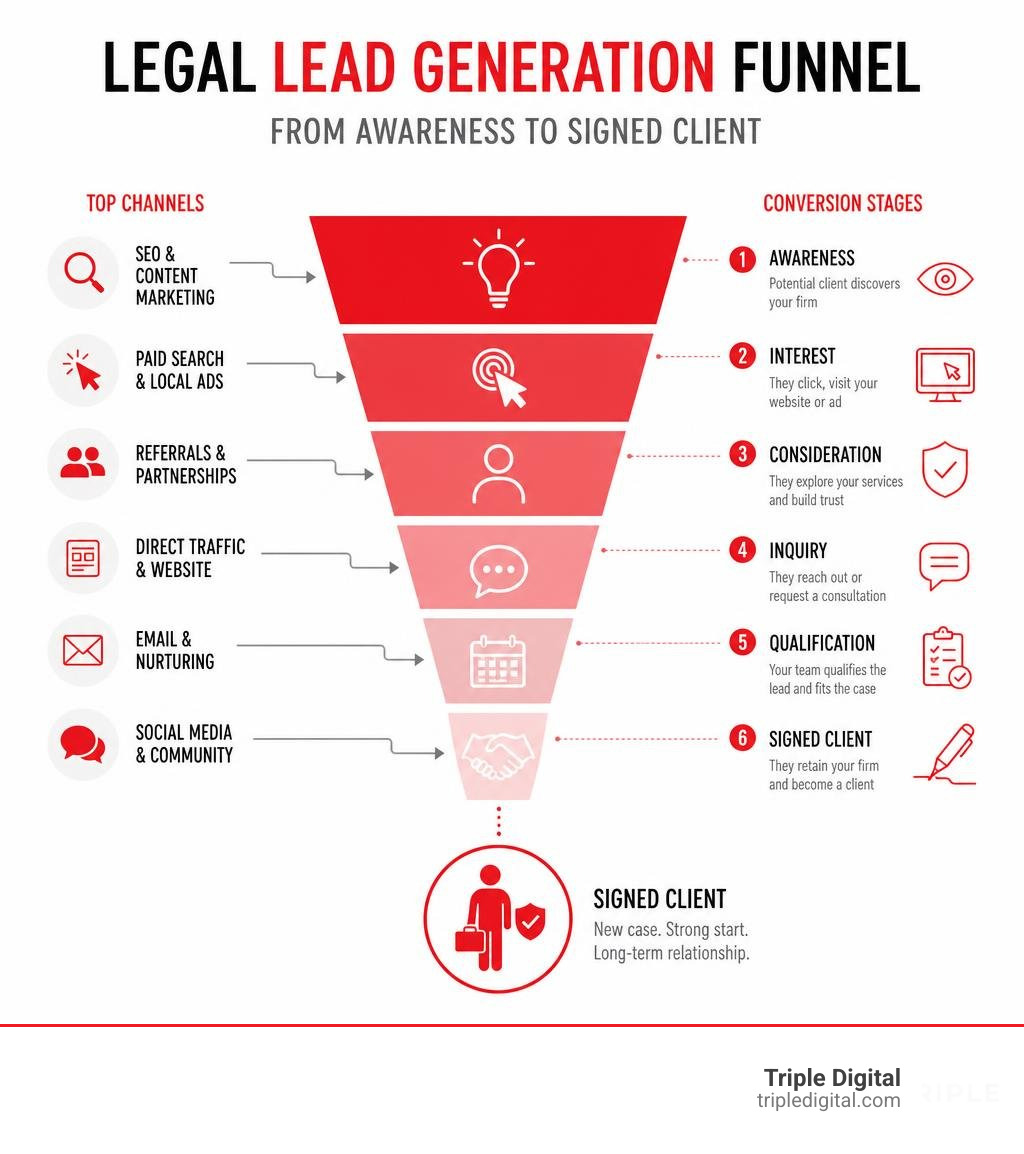 Legal lead generation funnel from awareness to signed client with channels and conversion stages infographic Legal lead generation funnel from awareness to signed client with channels and conversion stages infographic