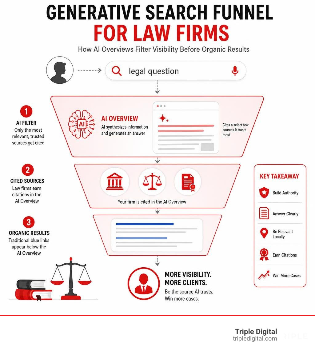 Generative search funnel for law firms showing how AI Overviews filter visibility before organic results infographic Generative search funnel for law firms showing how AI Overviews filter visibility before organic results infographic
