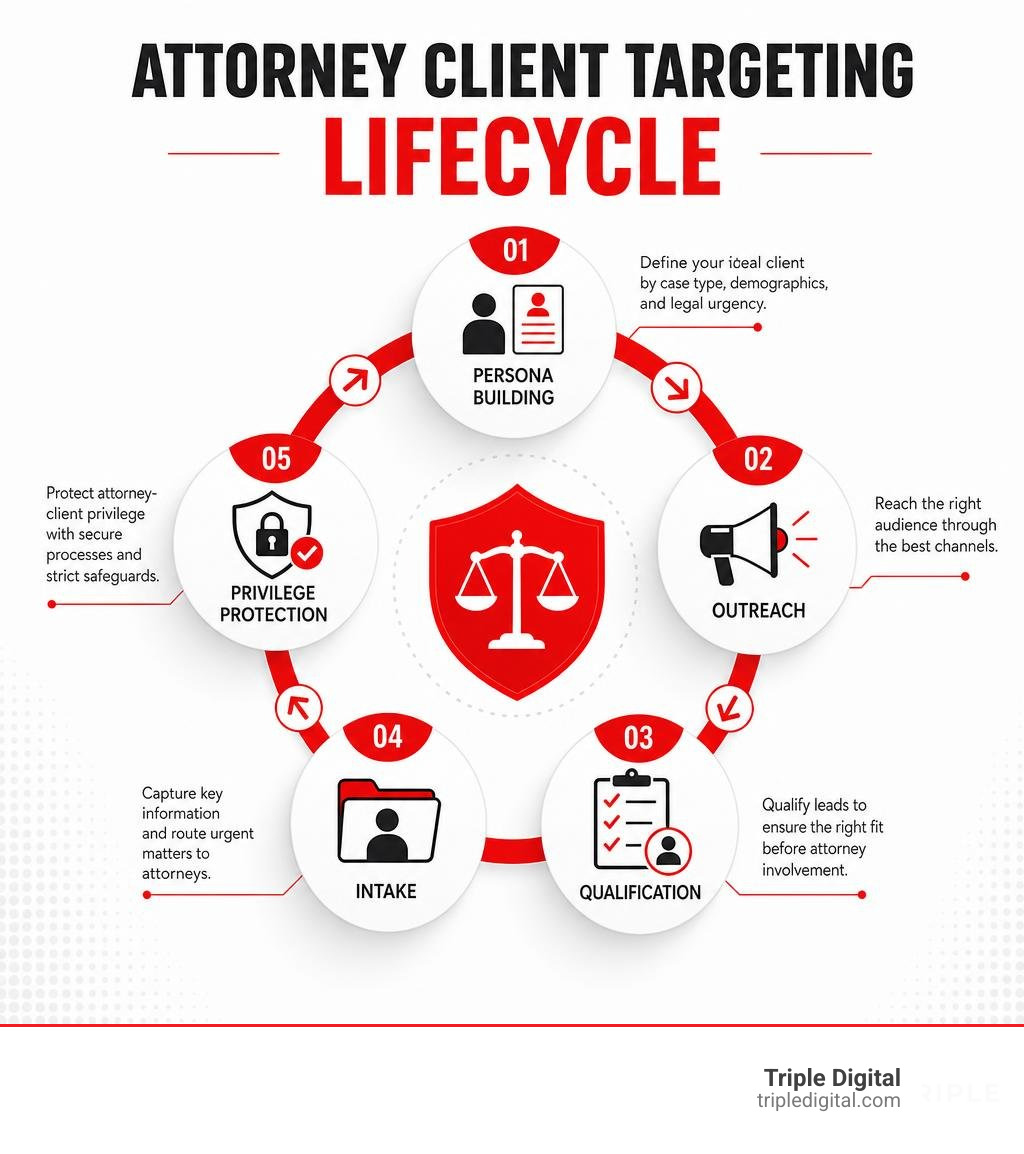 Attorney client targeting lifecycle: persona building, outreach, qualification, intake, and privilege protection infographic Attorney client targeting lifecycle: persona building, outreach, qualification, intake, and privilege protection infographic