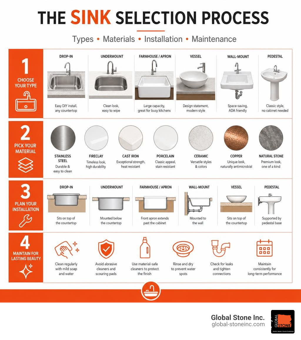 Sink selection process: types, materials, installation, and maintenance overview infographic Sink selection process: types, materials, installation, and maintenance overview infographic