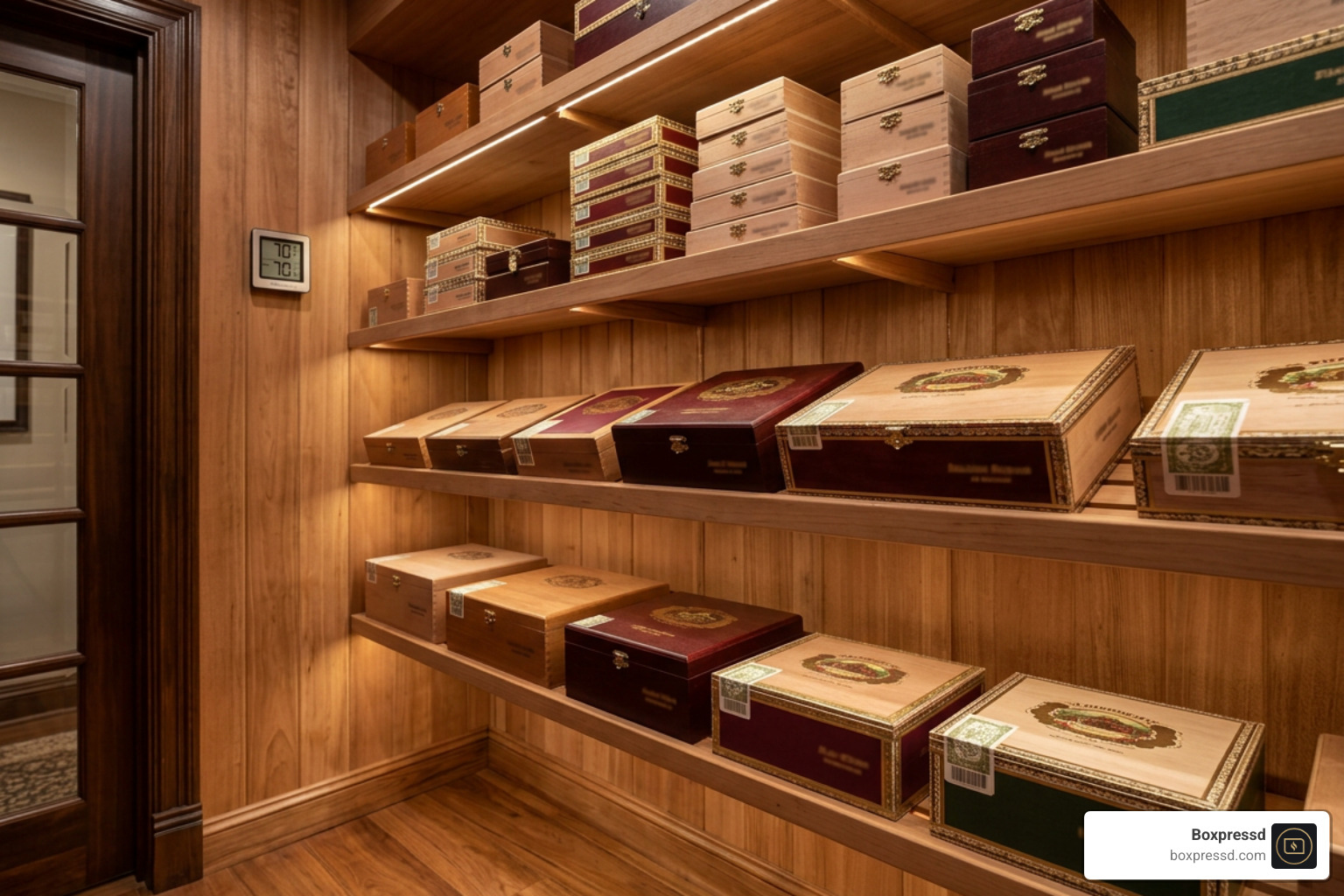 An immaculate walk-in humidor with boxes of aged premium cigars An immaculate walk-in humidor with boxes of aged premium cigars