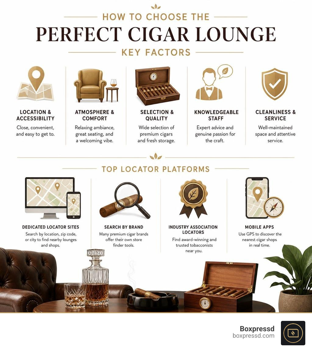 How to choose the perfect cigar lounge - key factors and top locator platforms infographic How to choose the perfect cigar lounge - key factors and top locator platforms infographic
