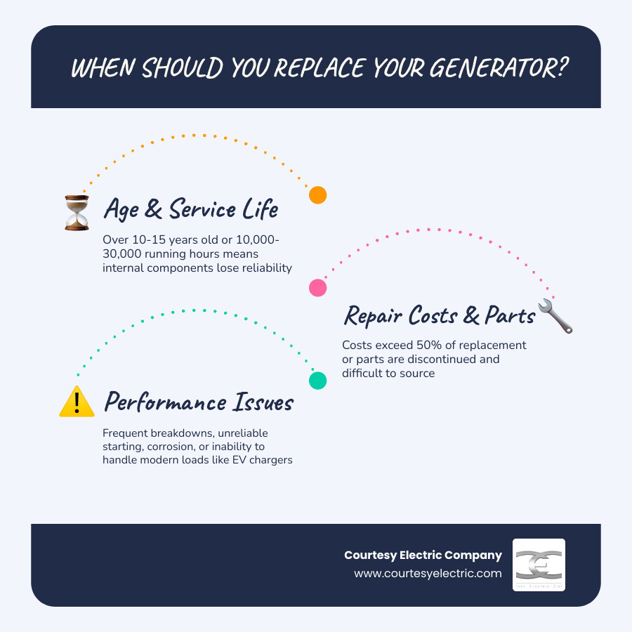 Infographic showing generator replacement decision factors: age, repair costs, parts availability, power needs, and physical Infographic showing generator replacement decision factors: age, repair costs, parts availability, power needs, and physical