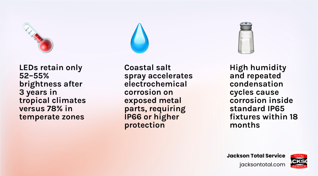Infographic showing tropical climate stressors on outdoor LED lights: heat, humidity, UV, salt air, condensation cycles Infographic showing tropical climate stressors on outdoor LED lights: heat, humidity, UV, salt air, condensation cycles