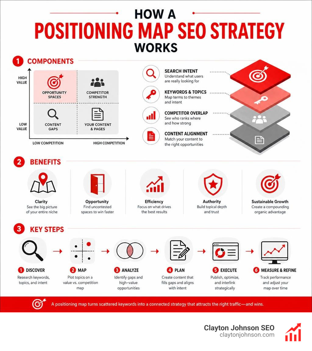 How a positioning map SEO strategy works: components, benefits, and key steps infographic
