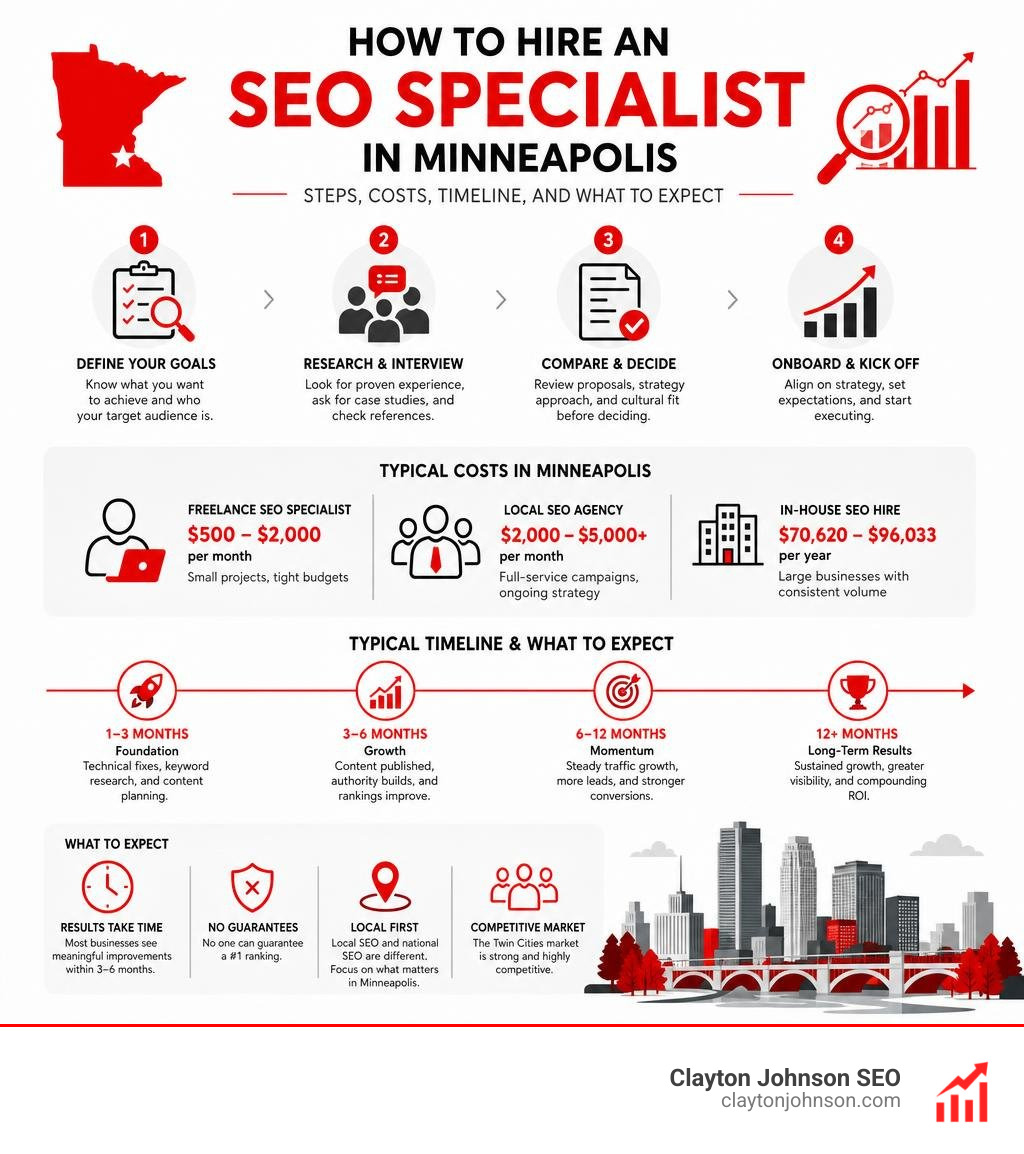 How to hire an SEO specialist in Minneapolis: steps, costs, timeline, and what to expect infographic