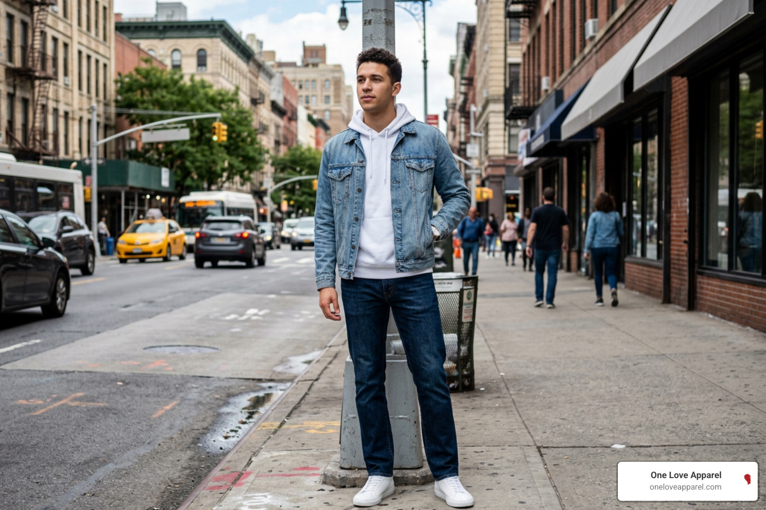 man styling a clean all white hoodie with denim jacket and sneakers