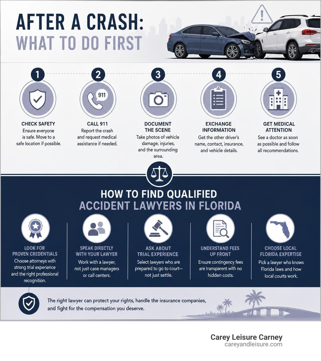 Steps to take immediately after a car crash and how to find qualified accident lawyers in Florida infographic