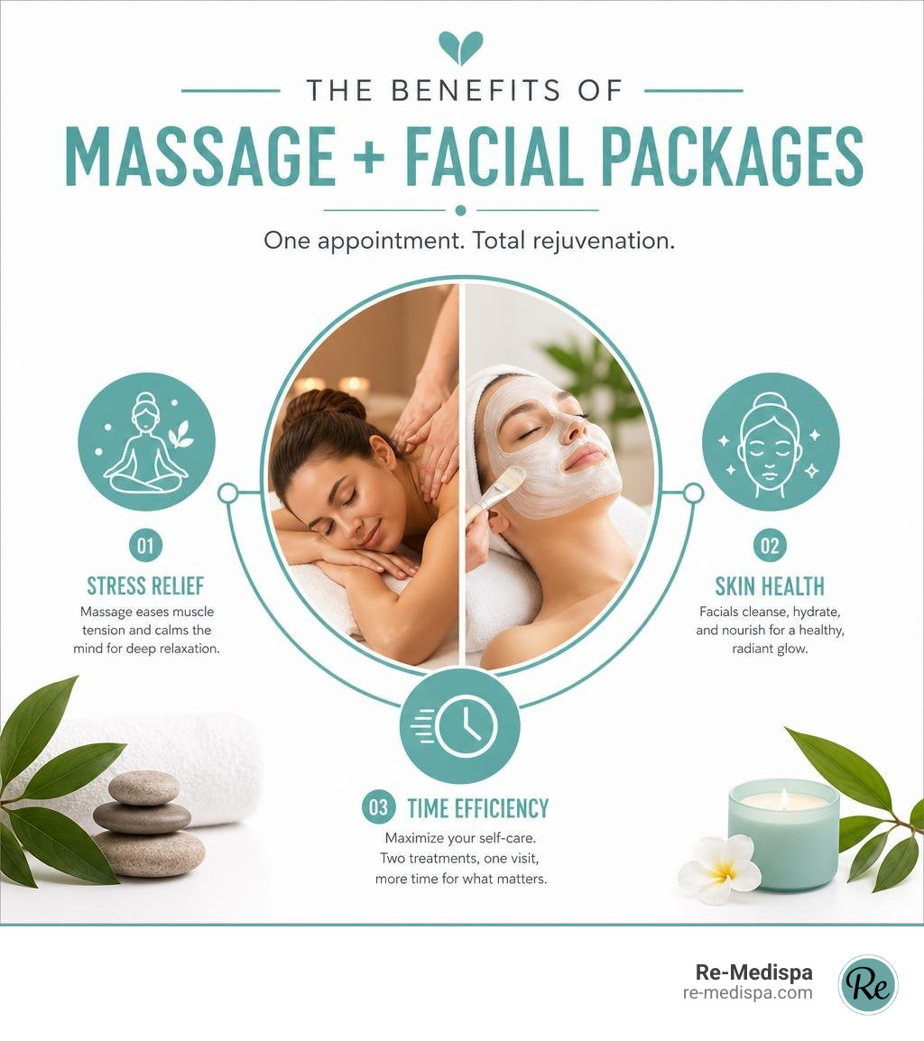 Benefits of combined massage and facial spa packages including stress relief, skin health, and time efficiency infographic