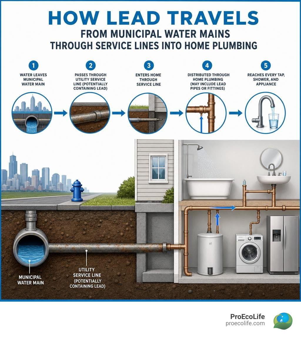 How lead travels from municipal water mains through service lines into home plumbing infographic