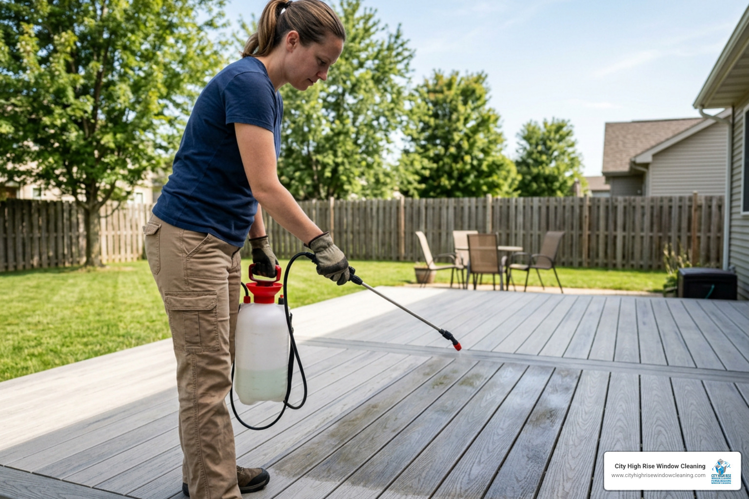 Applying deck cleaner to composite decking Applying deck cleaner to composite decking