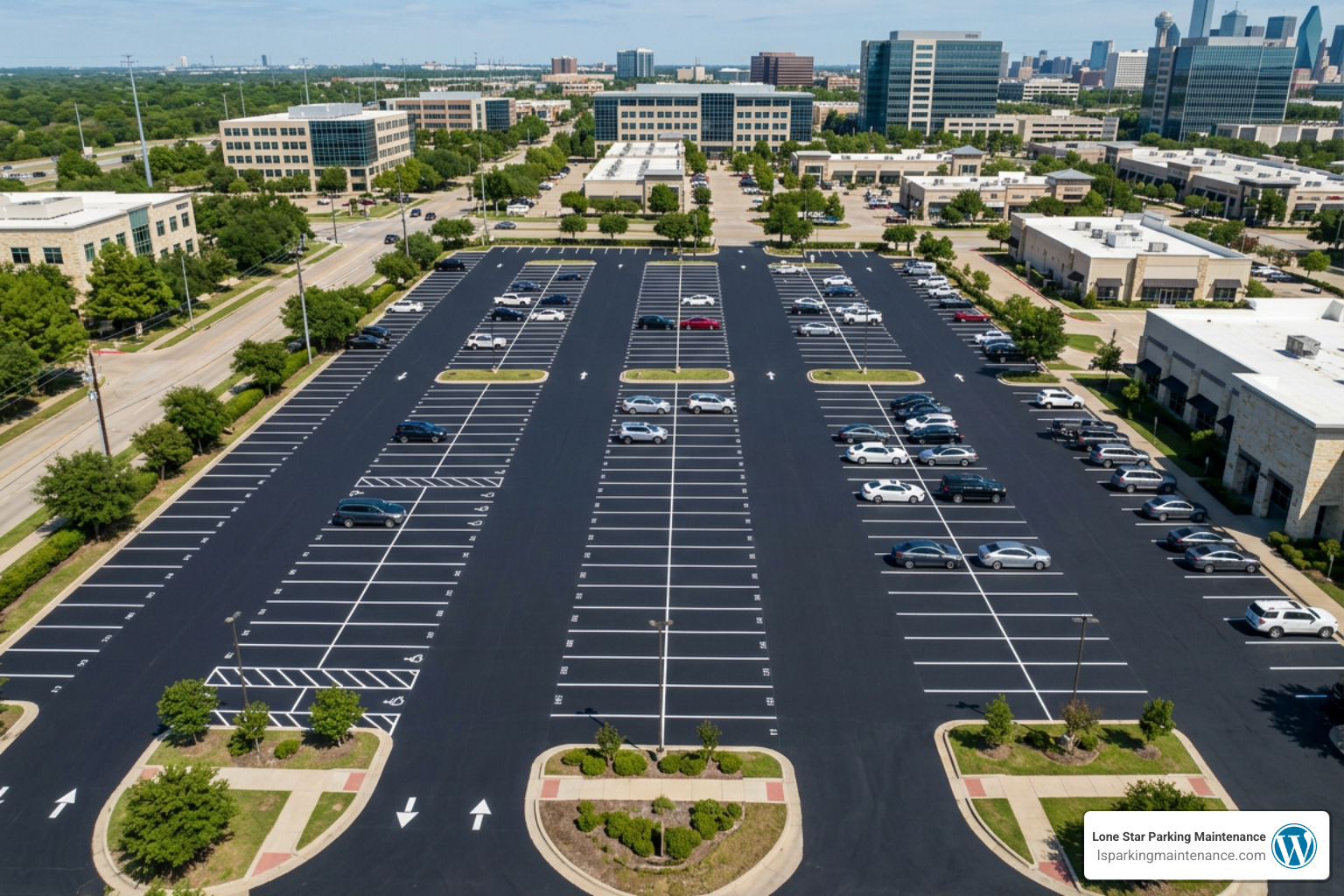 A beautifully sealed and freshly striped commercial parking lot in Dallas, TX A beautifully sealed and freshly striped commercial parking lot in Dallas, TX