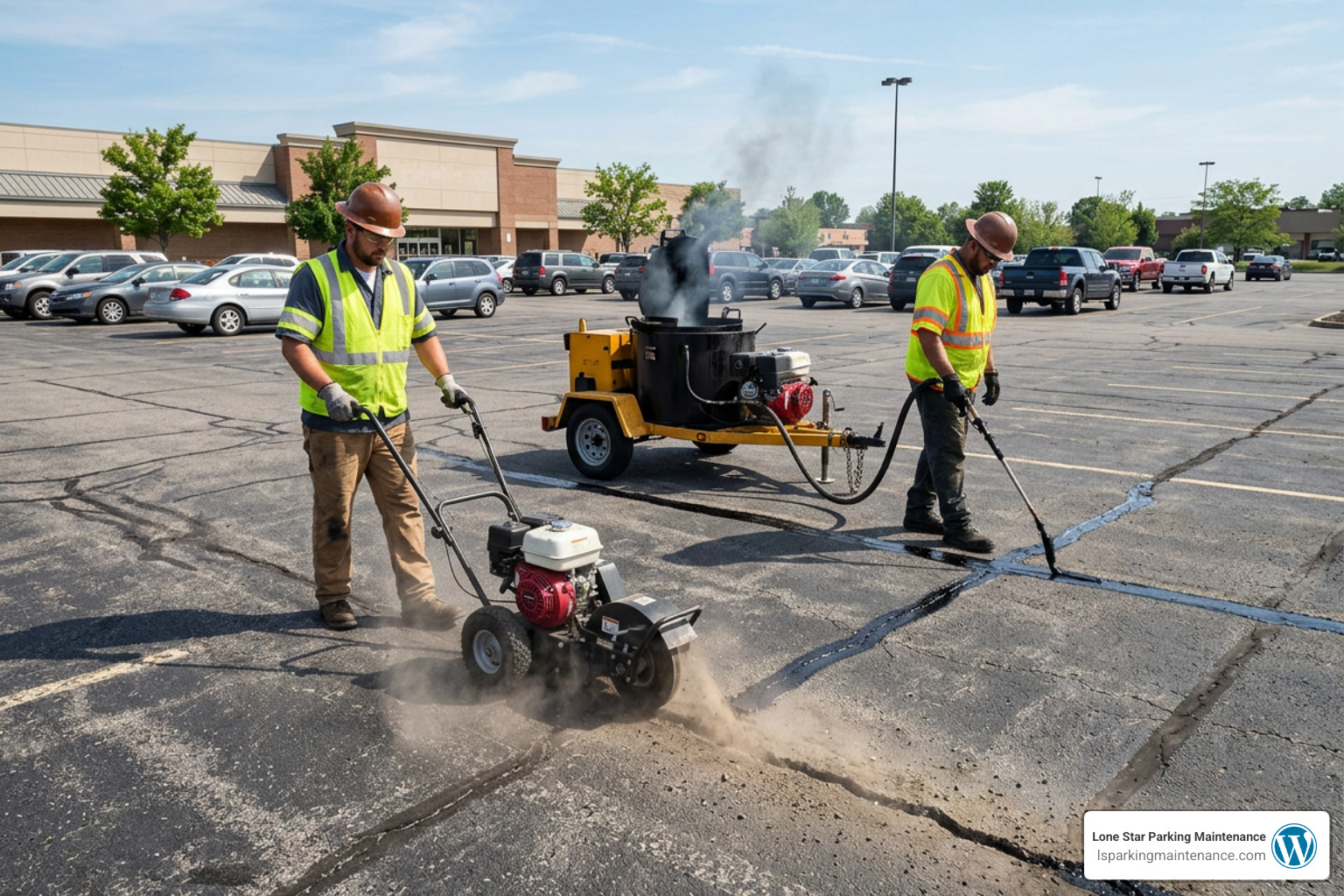 Professional asphalt crack routing and hot-pour sealing equipment in action Professional asphalt crack routing and hot-pour sealing equipment in action