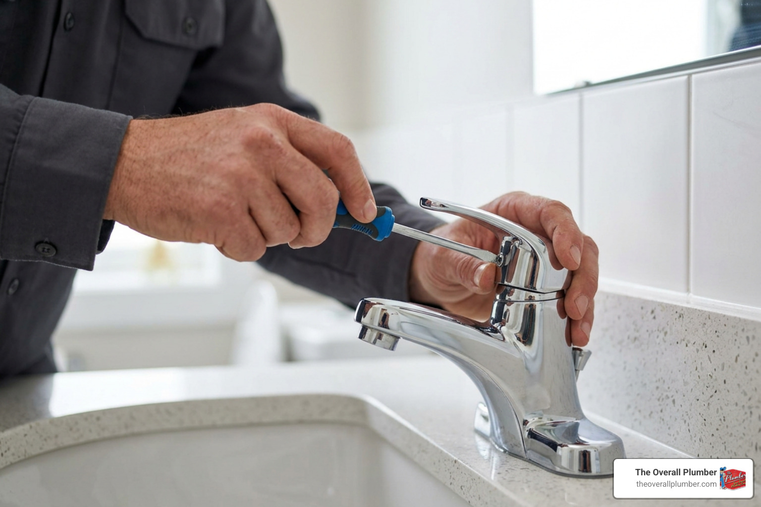 Disassembling a faucet handle using a screwdriver Disassembling a faucet handle using a screwdriver