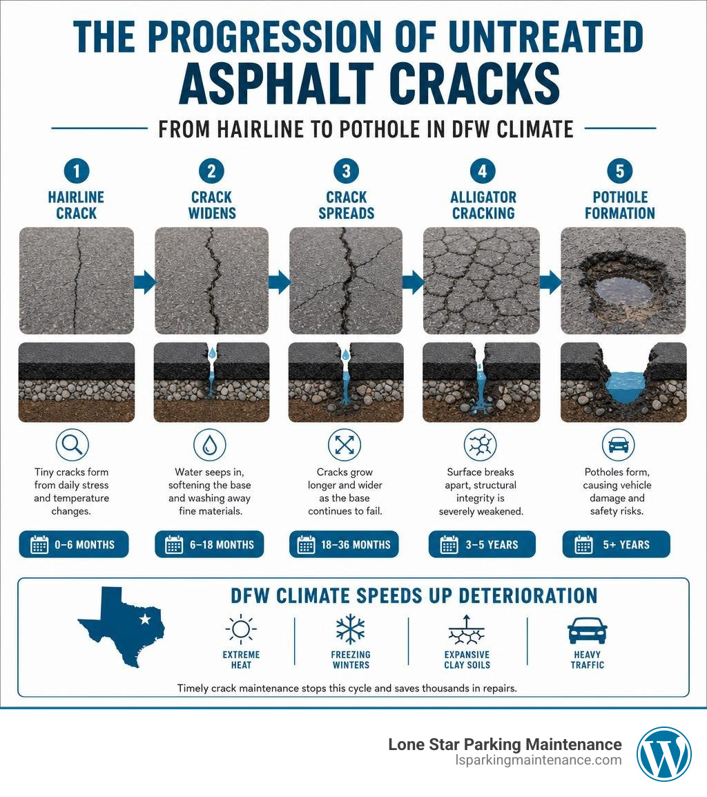 Progression of untreated asphalt cracks from hairline to pothole in DFW climate infographic Progression of untreated asphalt cracks from hairline to pothole in DFW climate infographic
