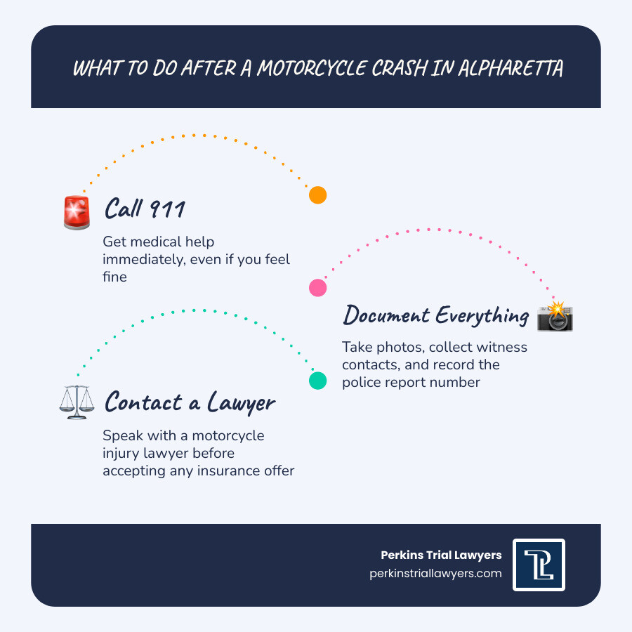 Immediate steps to take after a motorcycle accident in Alpharetta, Georgia infographic Immediate steps to take after a motorcycle accident in Alpharetta, Georgia infographic