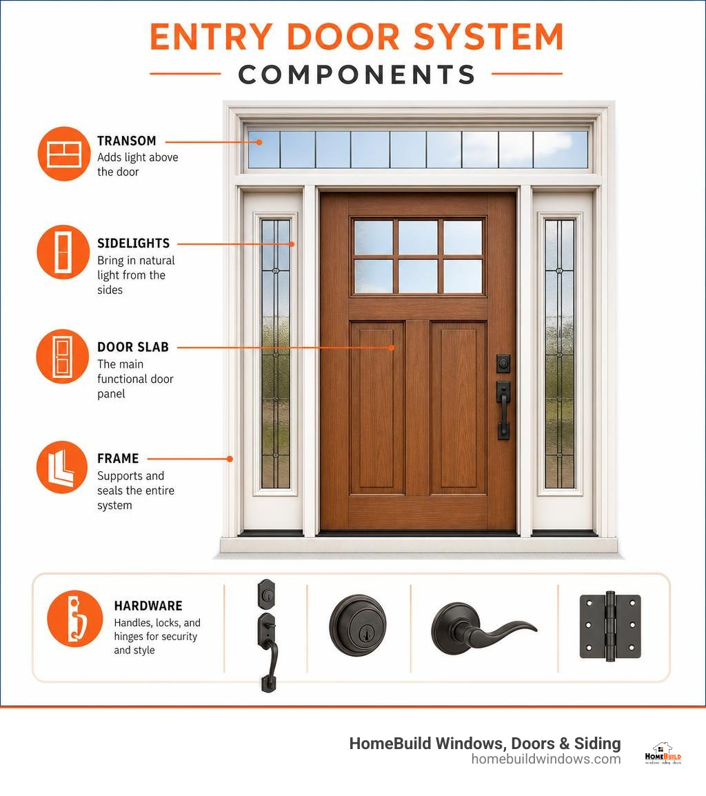 Entry door system components infographic showing door slab, sidelights, transom, frame, and hardware infographic Entry door system components infographic showing door slab, sidelights, transom, frame, and hardware infographic