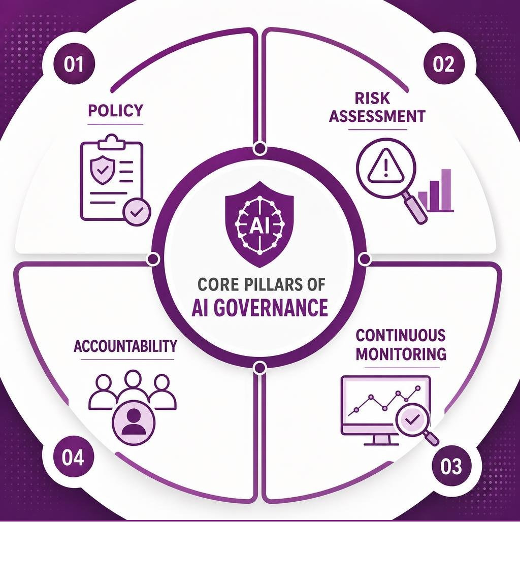 Core pillars of AI governance: Policy, Risk Assessment, Continuous Monitoring, and Accountability infographic Core pillars of AI governance: Policy, Risk Assessment, Continuous Monitoring, and Accountability infographic