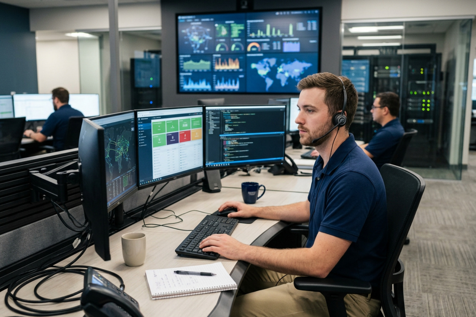 Professional IT support engineer resolving a client technical issue from a local network operations center Professional IT support engineer resolving a client technical issue from a local network operations center