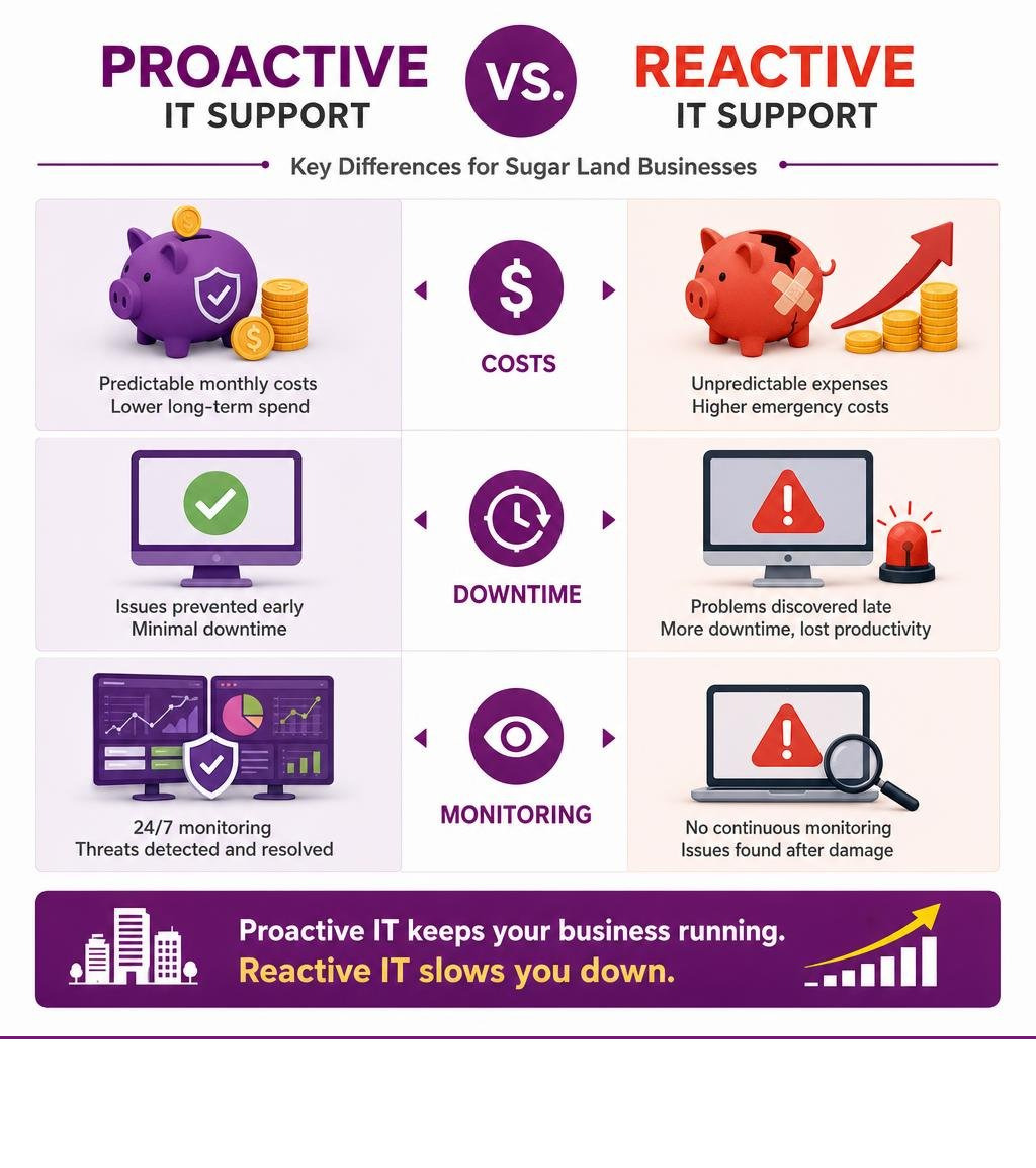 Proactive vs. reactive IT support comparison: costs, downtime, and monitoring differences for Sugar Land businesses Proactive vs. reactive IT support comparison: costs, downtime, and monitoring differences for Sugar Land businesses