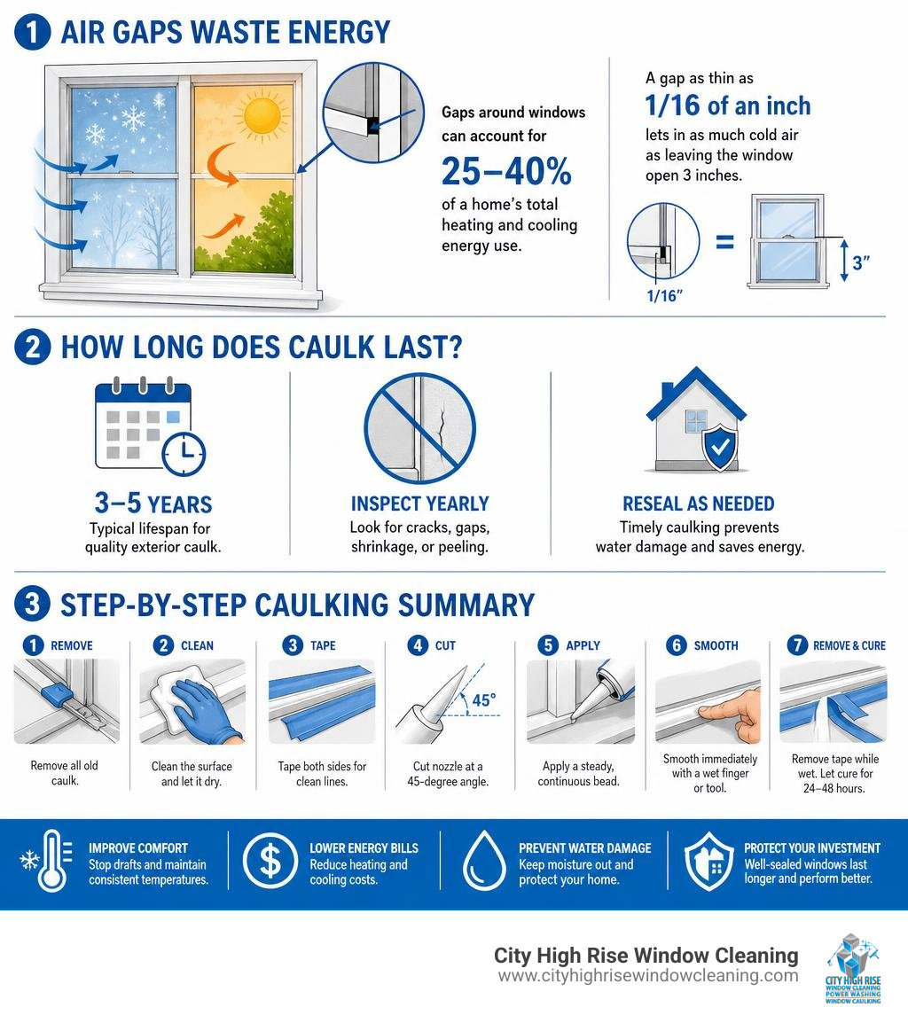 Infographic showing how window air gaps waste energy, caulk lifespan, and step-by-step caulking summary infographic Infographic showing how window air gaps waste energy, caulk lifespan, and step-by-step caulking summary infographic