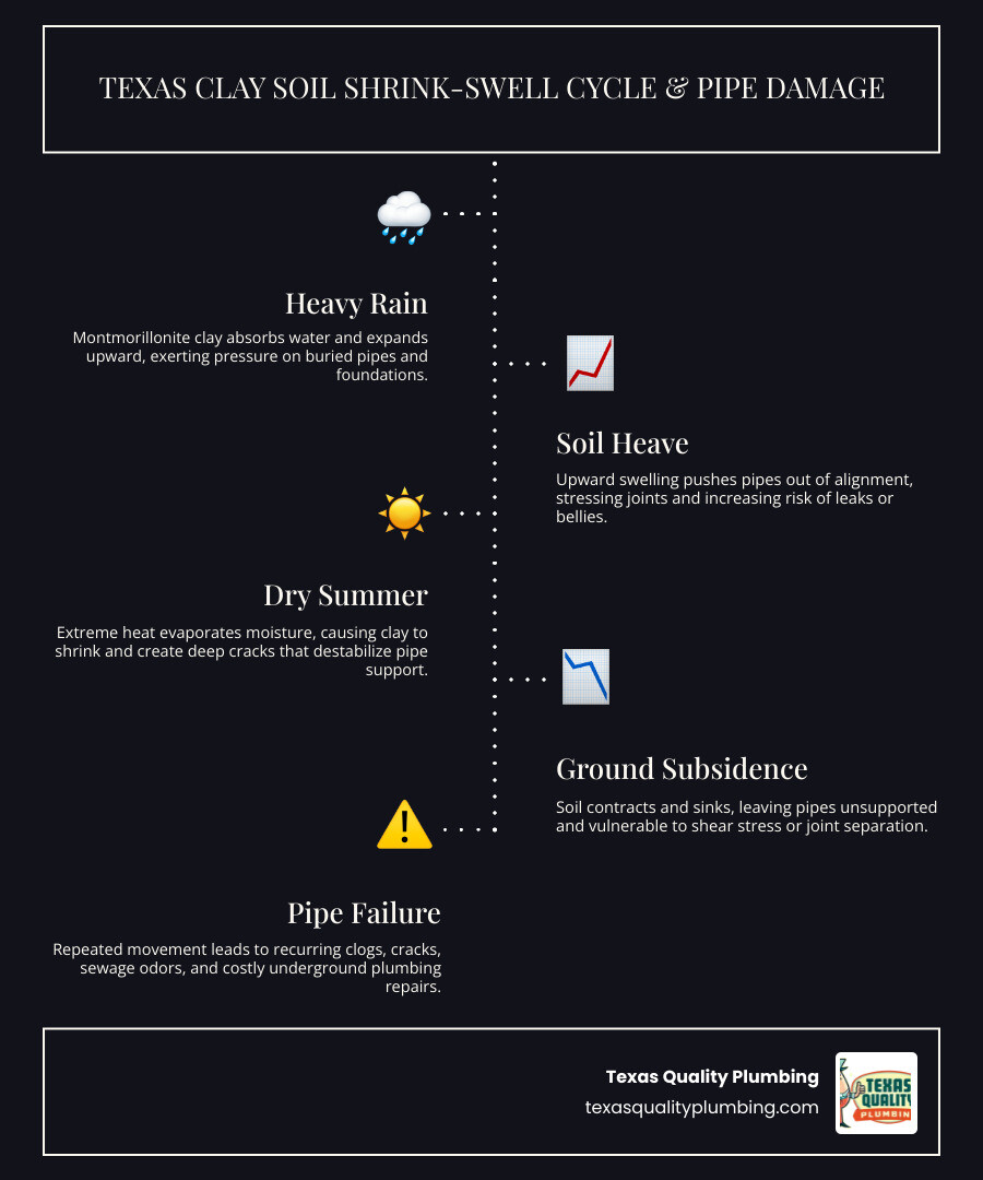 Seasonal shrink-swell cycle of Texas clay soil and its impact on buried pipes and foundations infographic Seasonal shrink-swell cycle of Texas clay soil and its impact on buried pipes and foundations infographic