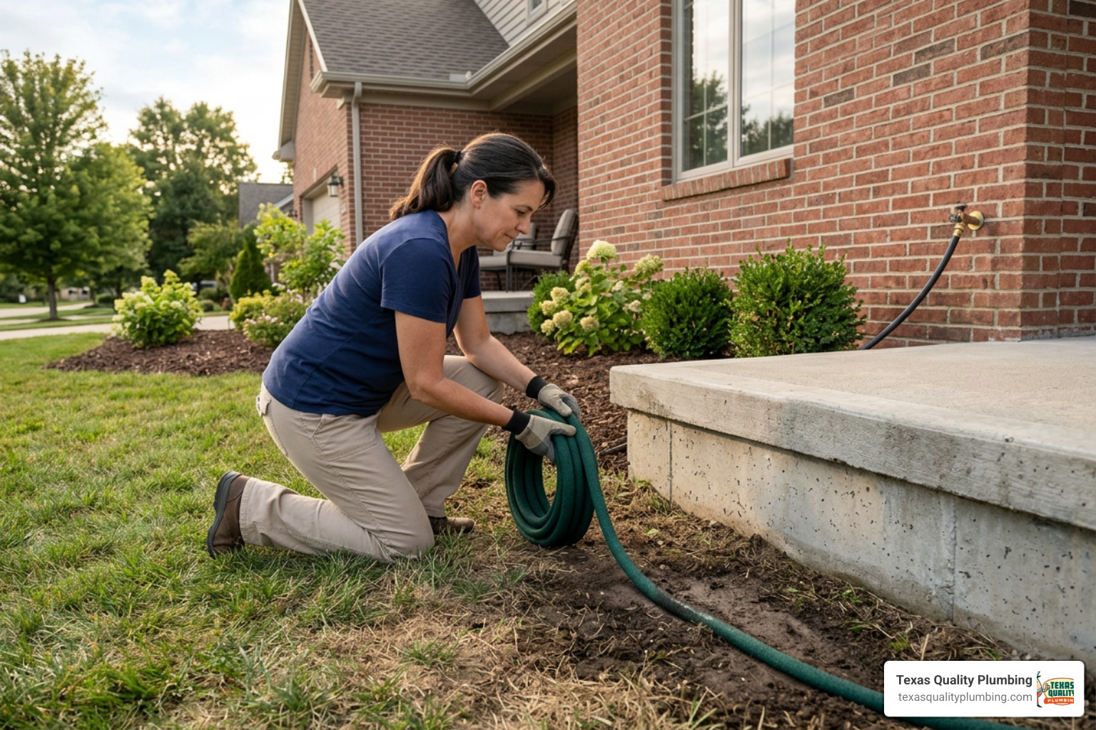 Homeowner setting up a foundation watering system using a soaker hose placed 12 inches from the slab Homeowner setting up a foundation watering system using a soaker hose placed 12 inches from the slab
