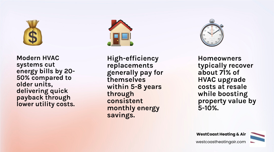 Long-term ROI of residential HVAC replacement including energy savings, home value, and incentives infographic