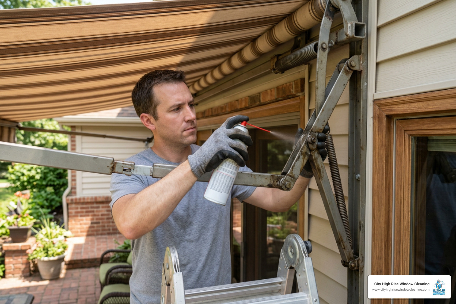 Lubricating retractable awning joints with dry silicone spray to prevent rust and ensure smooth operation Lubricating retractable awning joints with dry silicone spray to prevent rust and ensure smooth operation