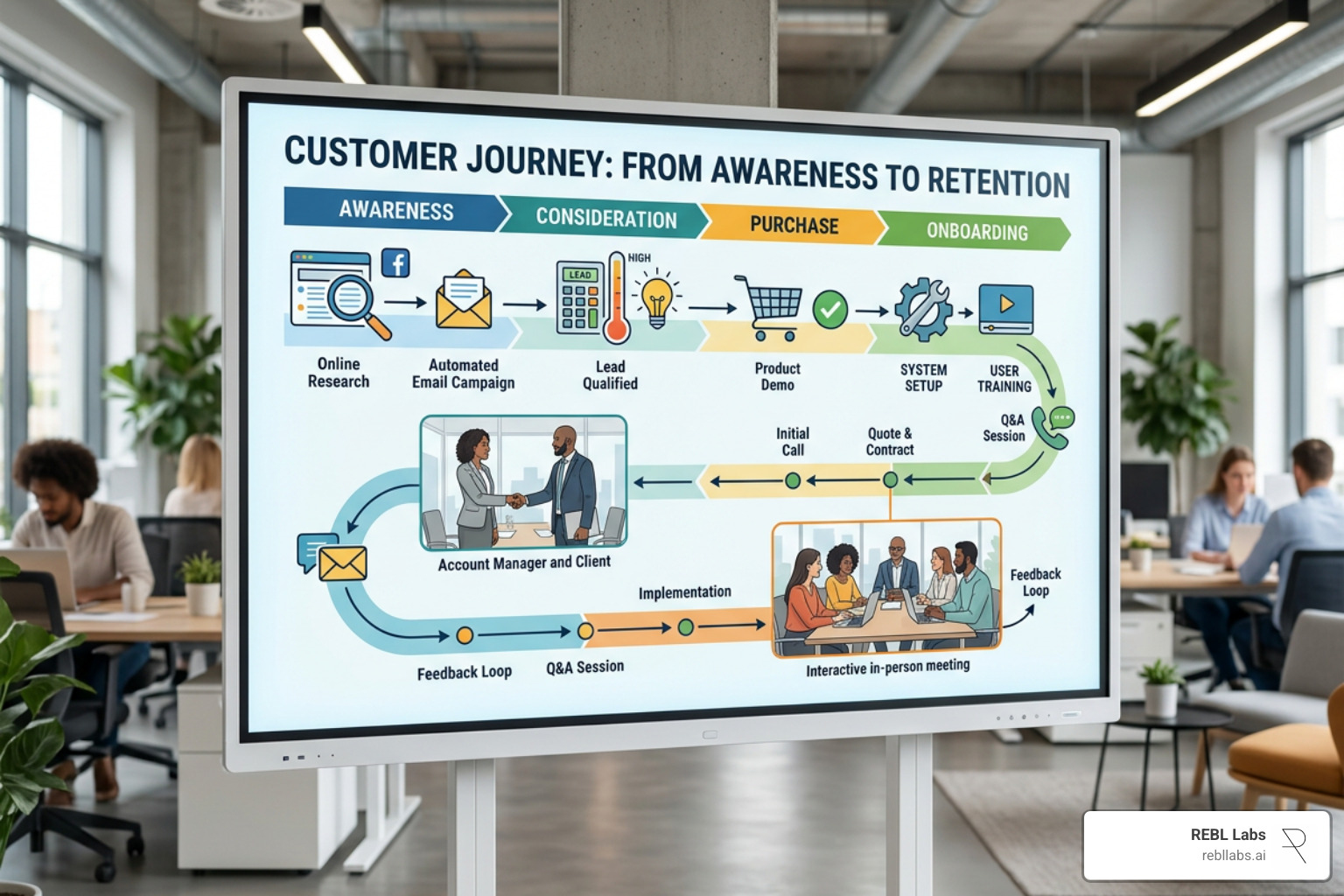 A customer journey map balancing automated touchpoints like lead scoring with highly personalized human milestones