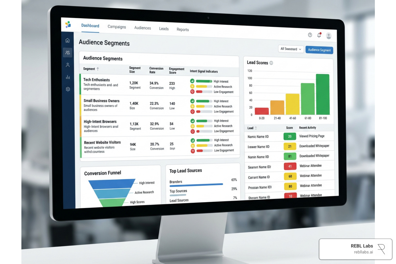Audience segmentation dashboard with intent signal indicators